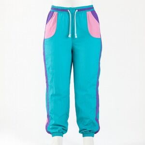 Vintage 80s Womens Nylon Track Pants Joggers Teal Pink Purple Color Block 16‎ XL